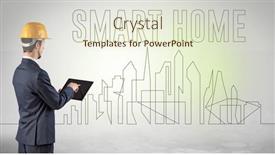  Presentation with architecture home - Amazing slide set having businessman-in-hard-hat-holding backdrop and a sky blue colored foreground