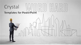  Presentation with blueprint - PPT theme consisting of businessman-in-hard-hat-holding background and a white colored foreground