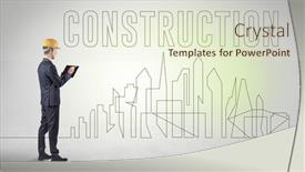  Presentation with blueprint - Presentation theme with businessman-in-hard-hat-holding background and a sky blue colored foreground