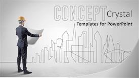  Presentation with blueprint - Presentation theme with businessman-in-hard-hat-holding background and a light gray colored foreground