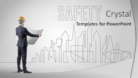  Presentation with blueprint - Presentation having businessman-in-hard-hat-holding background and a light gray colored foreground