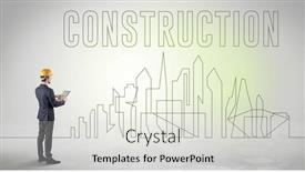  Presentation with blueprint - Presentation with businessman-in-hard-hat-holding background and a light gray colored foreground