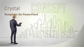  Presentation with blueprint - Presentation enhanced with businessman-in-hard-hat-holding background and a  colored foreground