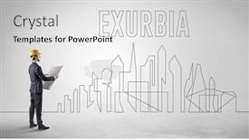  Presentation with blueprint - Presentation design with businessman-in-hard-hat-holding background and a  colored foreground