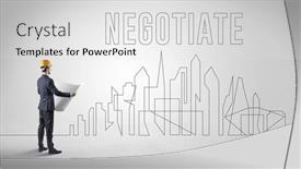  Presentation with blueprint - PPT theme consisting of businessman-in-hard-hat-holding background and a white colored foreground