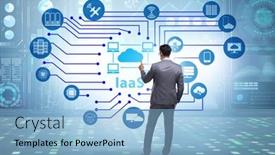  Presentation with infrastructure - Amazing PPT theme having businessman-in-infrastructure backdrop and a light blue colored foreground