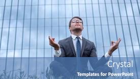  Presentation with front office - Cool new theme with businessman in lotus pose sitting on grass in front of office building backdrop and a teal colored foreground