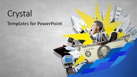  Presentation with floating - PPT theme consisting of businessman in money boat floating background and a light gray colored foreground