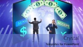  Presentation with money transfer - Cool new PPT theme with businessman-in-money-transfer-concept backdrop and a teal colored foreground