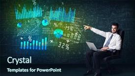  Presentation with high tech - PPT layouts having businessman in office chair with laptop in hand and high tech graph charts concept on background background and a navy blue colored foreground