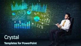  Presentation with high tech - Presentation design having businessman in office chair with tablet in hand and high tech graph charts concept on background background and a wine colored foreground