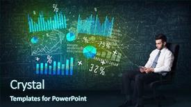  Presentation with high tech - Audience pleasing slide deck consisting of businessman in office chair with tablet in hand and high tech graph charts concept on background backdrop and a navy blue colored foreground