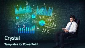  Presentation with high tech - Amazing presentation theme having businessman in office chair with tablet in hand and high tech graph charts concept on background backdrop and a navy blue colored foreground