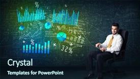  Presentation with high tech - Slide deck having businessman in office chair with tablet in hand and high tech graph charts concept on background background and a navy blue colored foreground