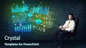 Presentation with office chair - PPT layouts consisting of businessman in office chair with tablet in hand and high tech graph charts concept on background background and a navy blue colored foreground
