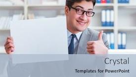  Presentation with blank - Beautiful PPT layouts featuring businessman in office holding a blank message board backdrop and a light blue colored foreground