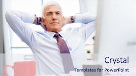  Presentation with office chair - Presentation design featuring businessman in office relaxing leaning back on chair background and a sky blue colored foreground