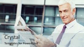  Presentation with office newspaper - Beautiful slide deck featuring businessman in office with newspaper backdrop and a light blue colored foreground