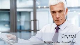  Presentation with office newspaper - Slide deck having businessman in office with newspaper background and a light blue colored foreground