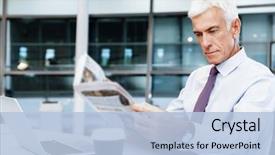  Presentation with office newspaper - Colorful presentation theme enhanced with businessman in office with newspaper backdrop and a light blue colored foreground