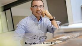  Presentation with desktop - Beautiful slide deck featuring businessman-in-office-working backdrop and a coral colored foreground