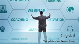  Presentation with online predators - PPT layouts with businessman in online webinar concept background and a  colored foreground