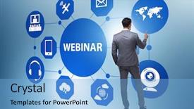  Presentation with concept - Colorful slide deck enhanced with businessman in online webinar concept backdrop and a  colored foreground