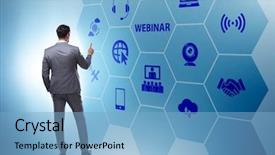  Presentation with concept - Colorful presentation theme enhanced with webinare - businessman in online webinar concept backdrop and a  colored foreground