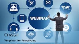  Presentation with concept - PPT theme featuring webinare - businessman in online webinar concept background and a  colored foreground