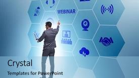  Presentation with online election - Presentation consisting of webinare - businessman in online webinar concept background and a  colored foreground