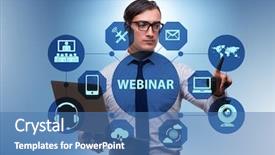  Presentation with search button searching information online - Slide deck having videos teaching - businessman in online webinar concept background and a teal colored foreground