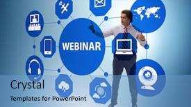  Presentation with online predators - Slide set featuring webinare - businessman in online webinar concept background and a light blue colored foreground