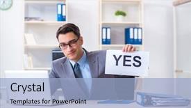  Presentation with yes - Colorful presentation theme enhanced with businessman in positive yes answer in the office backdrop and a light blue colored foreground