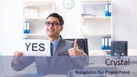  Presentation with yes - Slide set consisting of businessman in positive yes answer in the office background and a seafoam green colored foreground