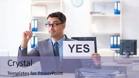  Presentation with yes - Slide deck enhanced with businessman in positive yes answer in the office background and a light blue colored foreground