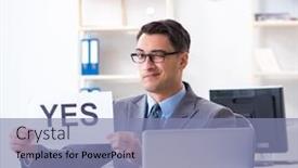  Presentation with yes - Beautiful PPT theme featuring businessman in positive yes answer backdrop and a light blue colored foreground