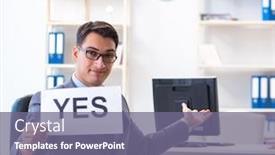  Presentation with yes - Colorful slide deck enhanced with businessman-in-positive-yes-answer backdrop and a gray colored foreground