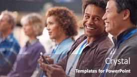  Presentation with conference - Beautiful PPT layouts featuring businessman-in-presentation-at-conference backdrop and a tawny brown colored foreground
