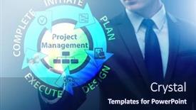  Presentation with phases - Slide set with businessman-in-project-management-different background and a navy blue colored foreground