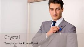  Presentation with estate - Beautiful slides featuring businessman in real estate concept with home key backdrop and a light gray colored foreground