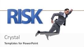  Presentation with risk - Presentation design enhanced with businessman-in-risk-concept-walking background and a white colored foreground