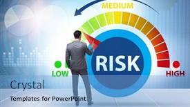  Presentation with risk - Colorful presentation design enhanced with businessman-in-risk-metering backdrop and a light blue colored foreground