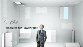  Presentation with room - Slide deck consisting of businessman in room choosing one of plenty of doors background and a light gray colored foreground