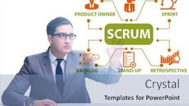  Presentation with scrum - Colorful slide set enhanced with businessman-in-scrum-agile-method backdrop and a teal colored foreground
