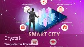  Presentation with smart city - Slide deck featuring businessman-in-smart-city-modern background and a violet colored foreground