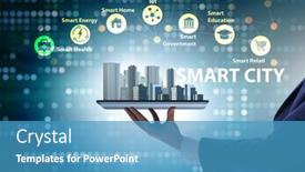  Presentation with smart city - PPT theme with businessman-in-smart-city-modern background and a teal colored foreground