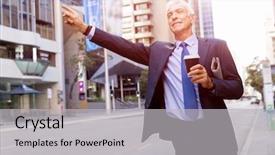  Presentation with taxi - Cool new slide deck with businessman in suit catching taxi in city with cup of coffee in his hands backdrop and a light gray colored foreground