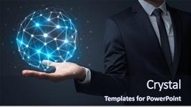  Presentation with connection - Presentation design having universe information - businessman in suit holding global background and a wine colored foreground