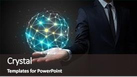  Presentation with connection - PPT theme consisting of businessman in suit holding global background and a dark gray colored foreground