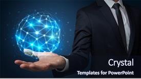  Presentation with connection - Theme having universe information - businessman in suit holding global background and a wine colored foreground